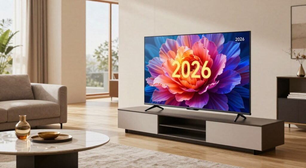 A sleek, modern living room showcasing the best-selling television of 2026, prominently displayed on a stylish entertainment unit. In the foreground, a polished, high-definition flat-screen television features vibrant colors and sharp images. To the midground, a tasteful arrangement of contemporary furniture, including a plush sofa and elegant coffee table adorned with decorative items. In the background, large windows allow warm, natural light to stream in, creating a welcoming atmosphere. The scene conveys an air of sophistication and innovation, while a subtle emphasis on the television highlights its features. The mood is upbeat and engaging, emphasizing the excitement of cutting-edge technology. The image should be shot from a slightly elevated angle, focusing on the television and inviting viewers into the space. A sleek, modern living room showcasing the best-selling television of 2026, prominently displayed on a stylish entertainment unit. In the foreground, a polished, high-definition flat-screen television features vibrant colors and sharp images. To the midground, a tasteful arrangement of contemporary furniture, including a plush sofa and elegant coffee table adorned with decorative items. In the background, large windows allow warm, natural light to stream in, creating a welcoming atmosphere. The scene conveys an air of sophistication and innovation, while a subtle emphasis on the television highlights its features. The mood is upbeat and engaging, emphasizing the excitement of cutting-edge technology. The image should be shot from a slightly elevated angle, focusing on the television and inviting viewers into the space.